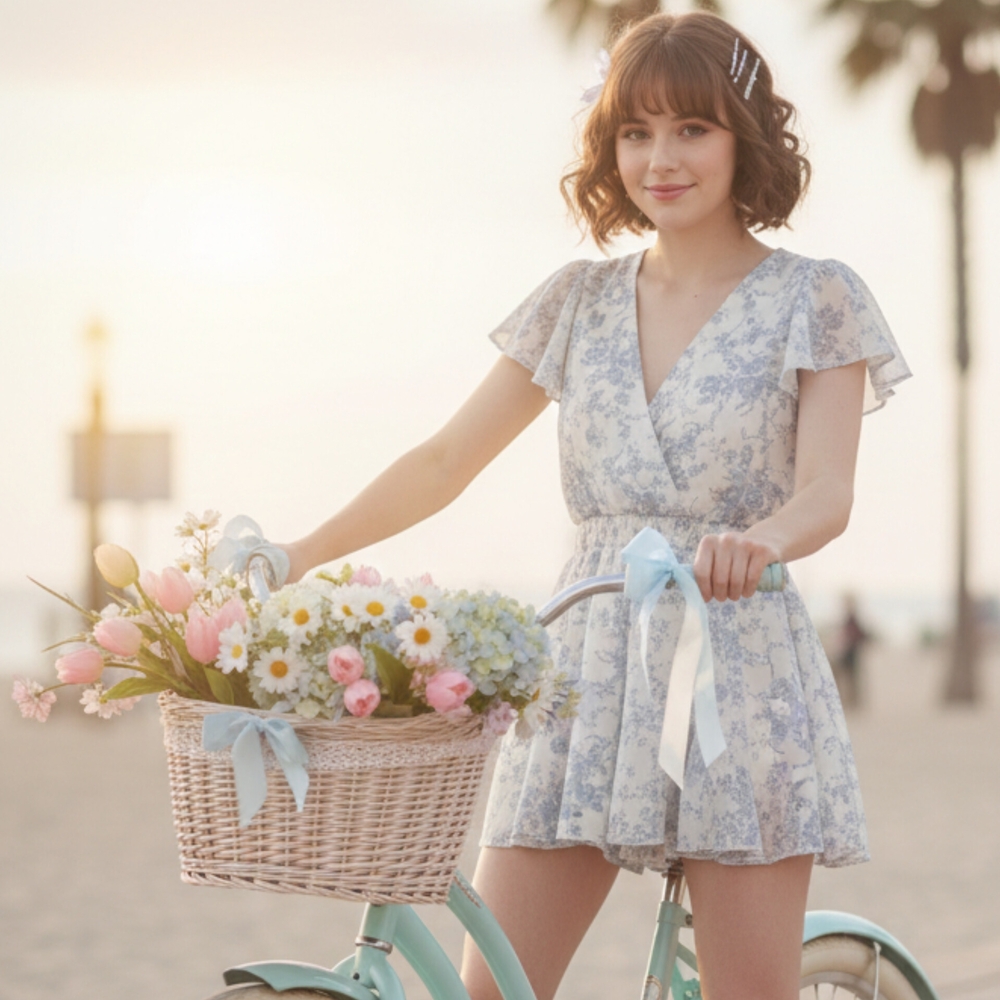 miami Cream and Blue Floral Wrap Romper